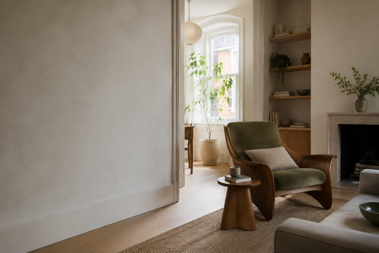 Illustrative compact living room with a reading chair, oak furniture and a clear route between two spaces